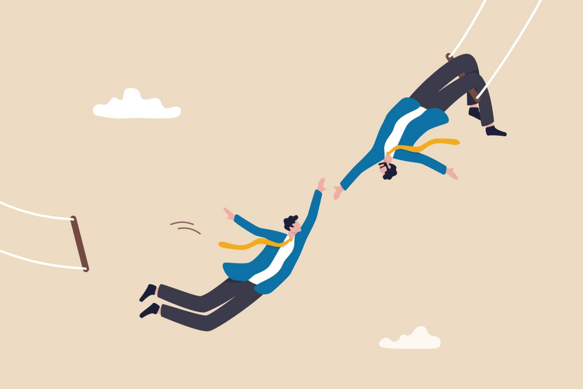 Twee getekende mensen aan de trapeze